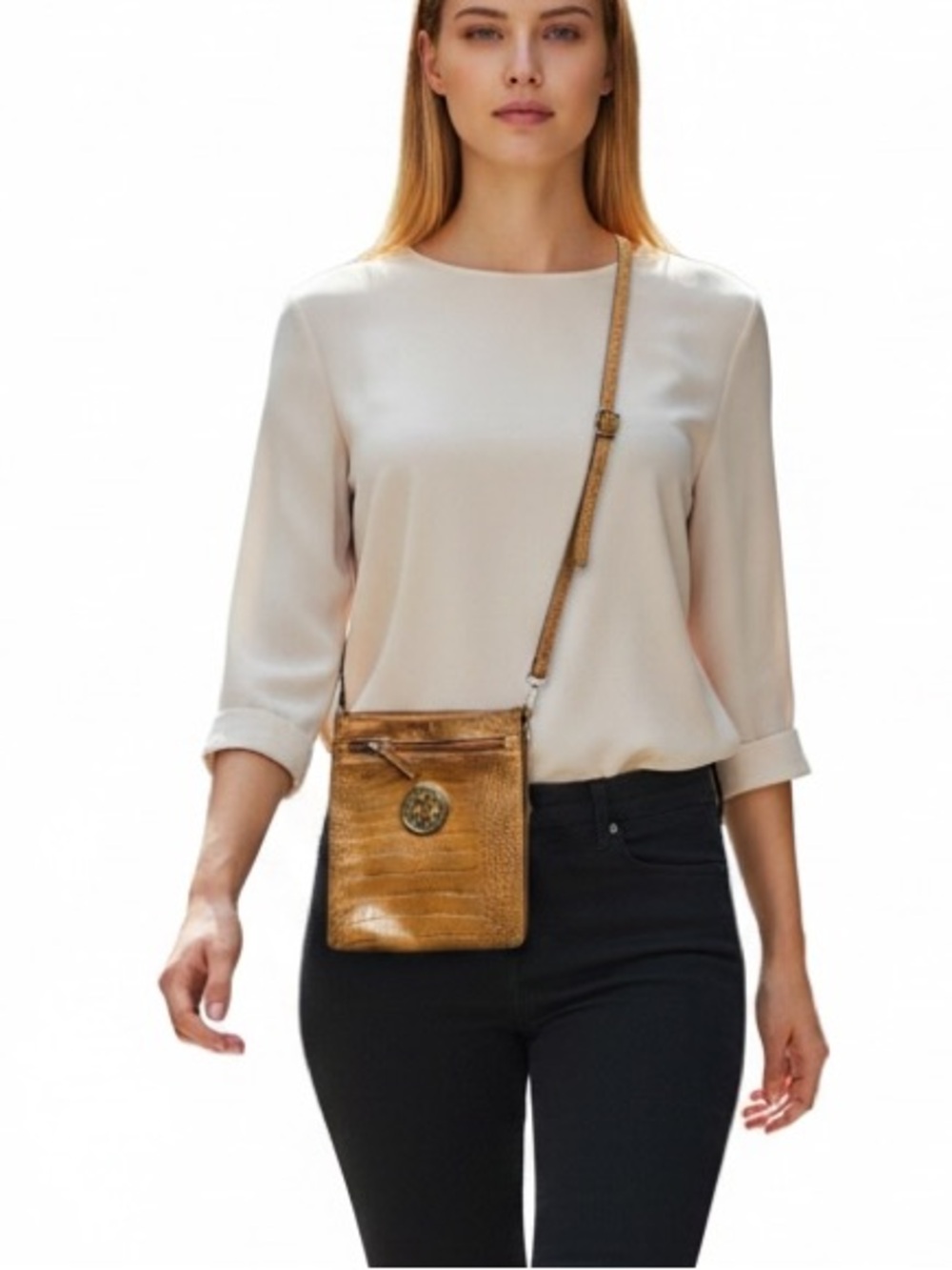 Cato EUC Tan Croc-Embossed Crossbody Bag with Medallion